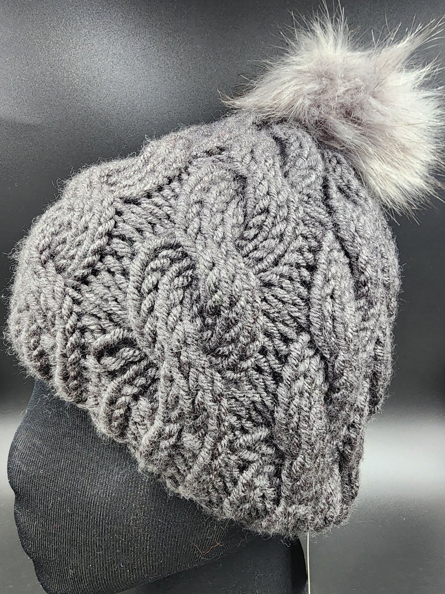 Chunky Grey Cable Knit Hat Acrylic Yarn