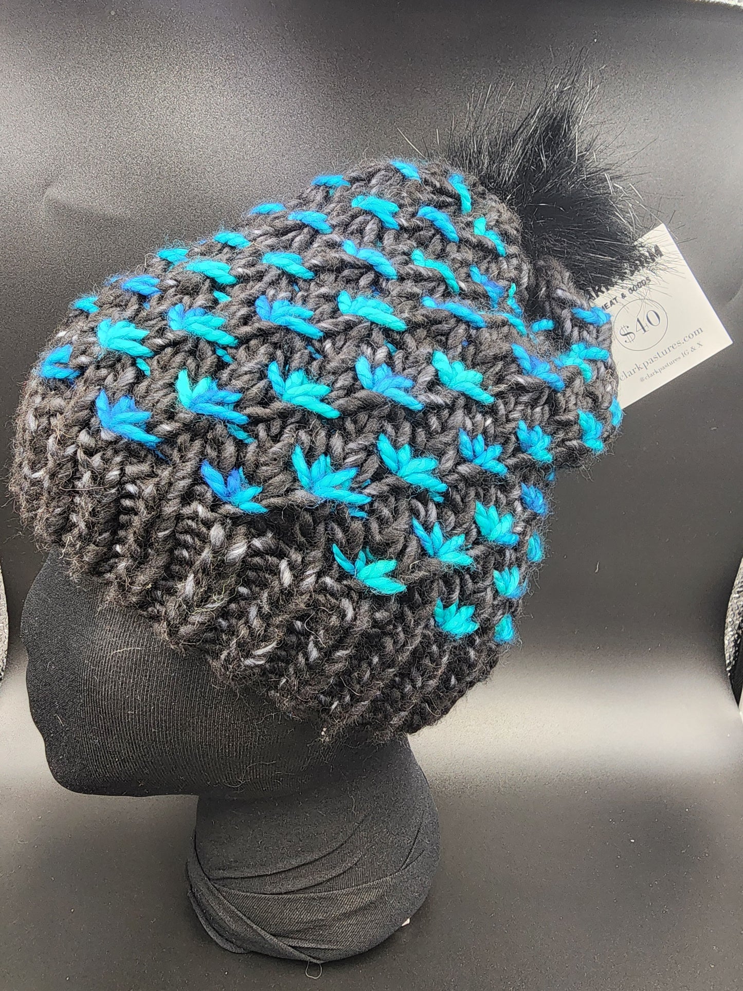 Bulky Star Knit Teal & Black Wool Hat
