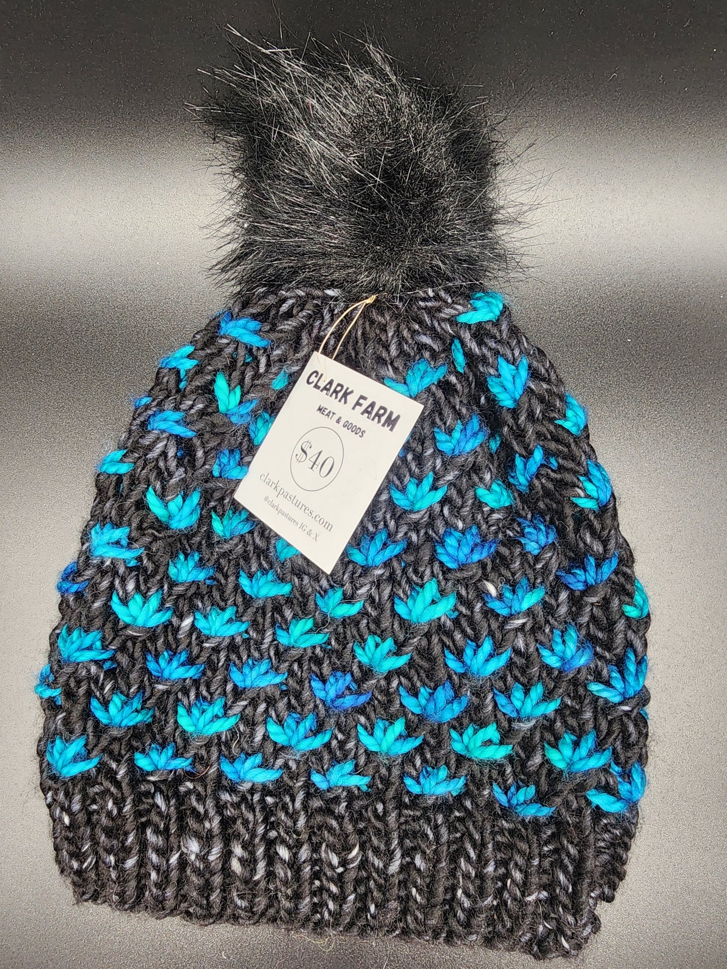 Bulky Star Knit Teal & Black Wool Hat
