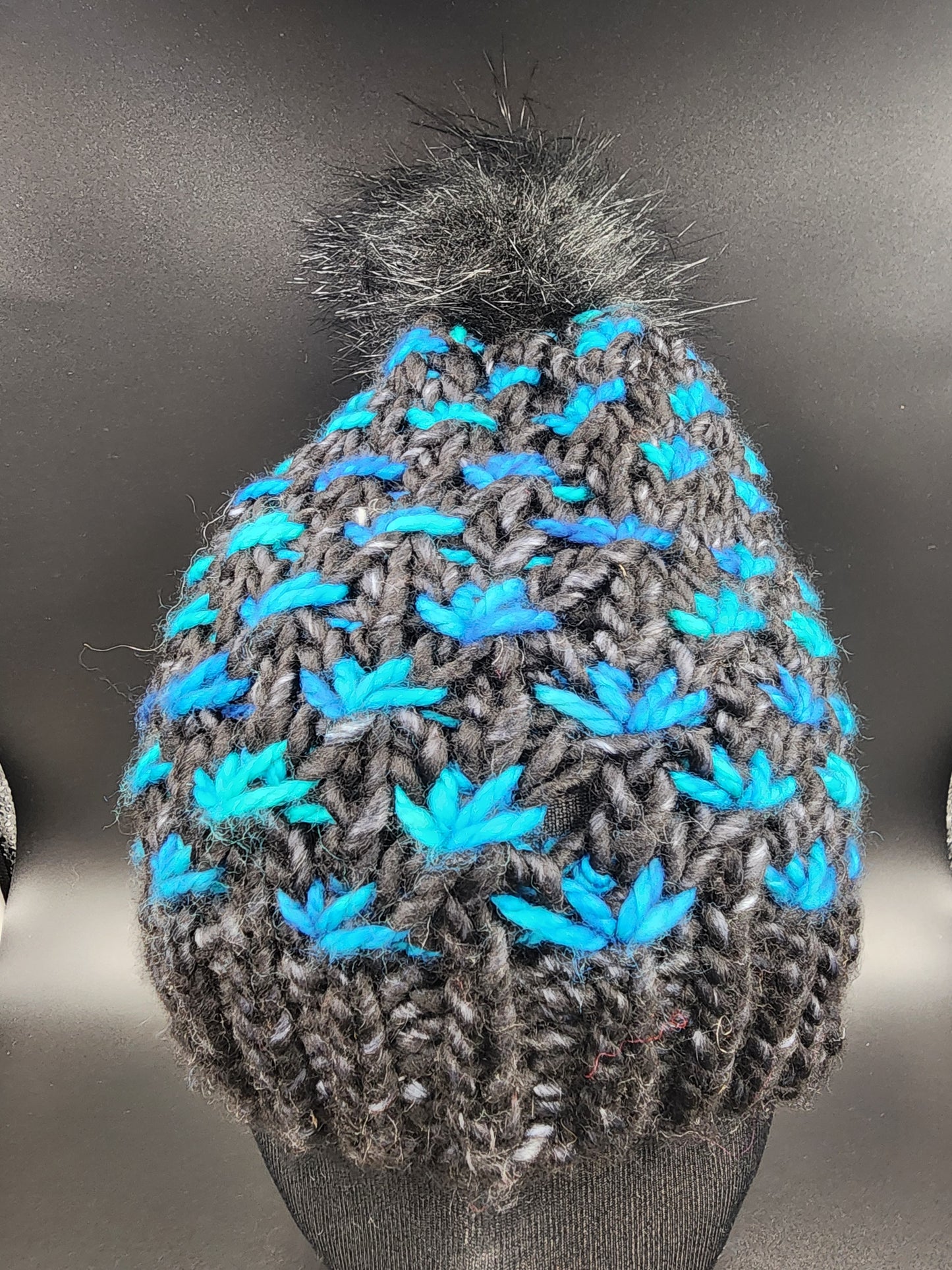 Bulky Star Knit Teal & Black Wool Hat